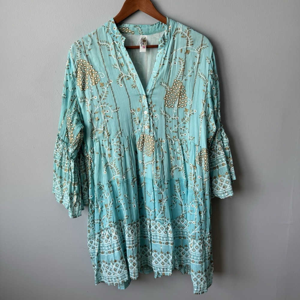 India Boutique Aqua Blue Tiered Tunic Dress Boho Gold Metallic Print One Size